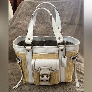 Coach Legacy White Leather Natural Tan Brown Woven Straw Rattan Raffia Handbag